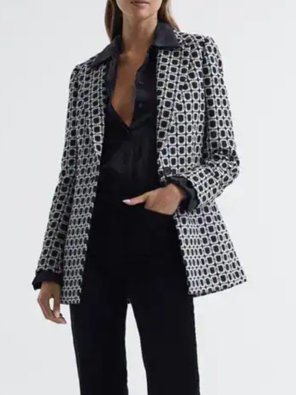 REISS Black/White Bianca Single Breasted Jacquard Blazer